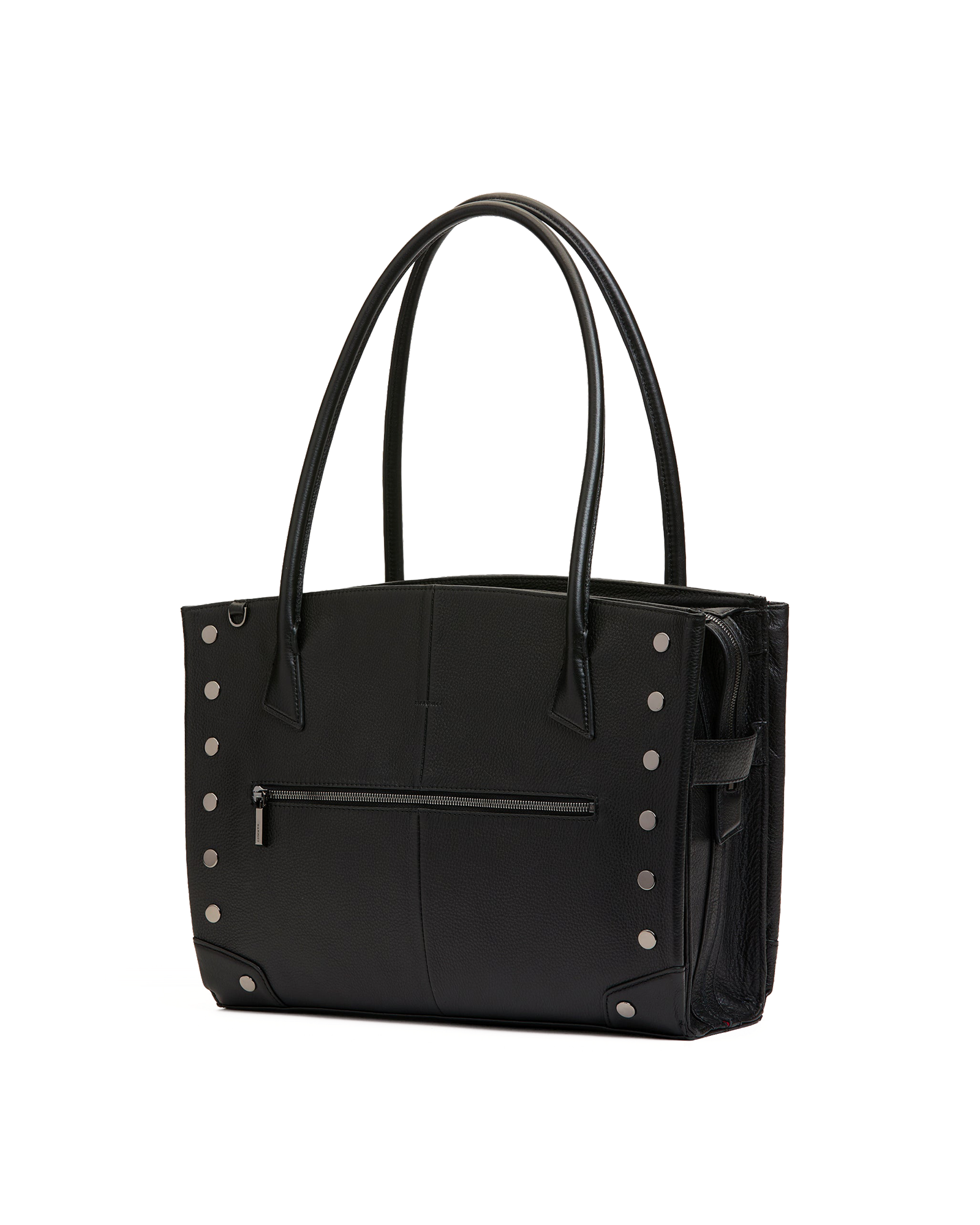 A black leather bag with black hardware being shown in front of a black and grey background.