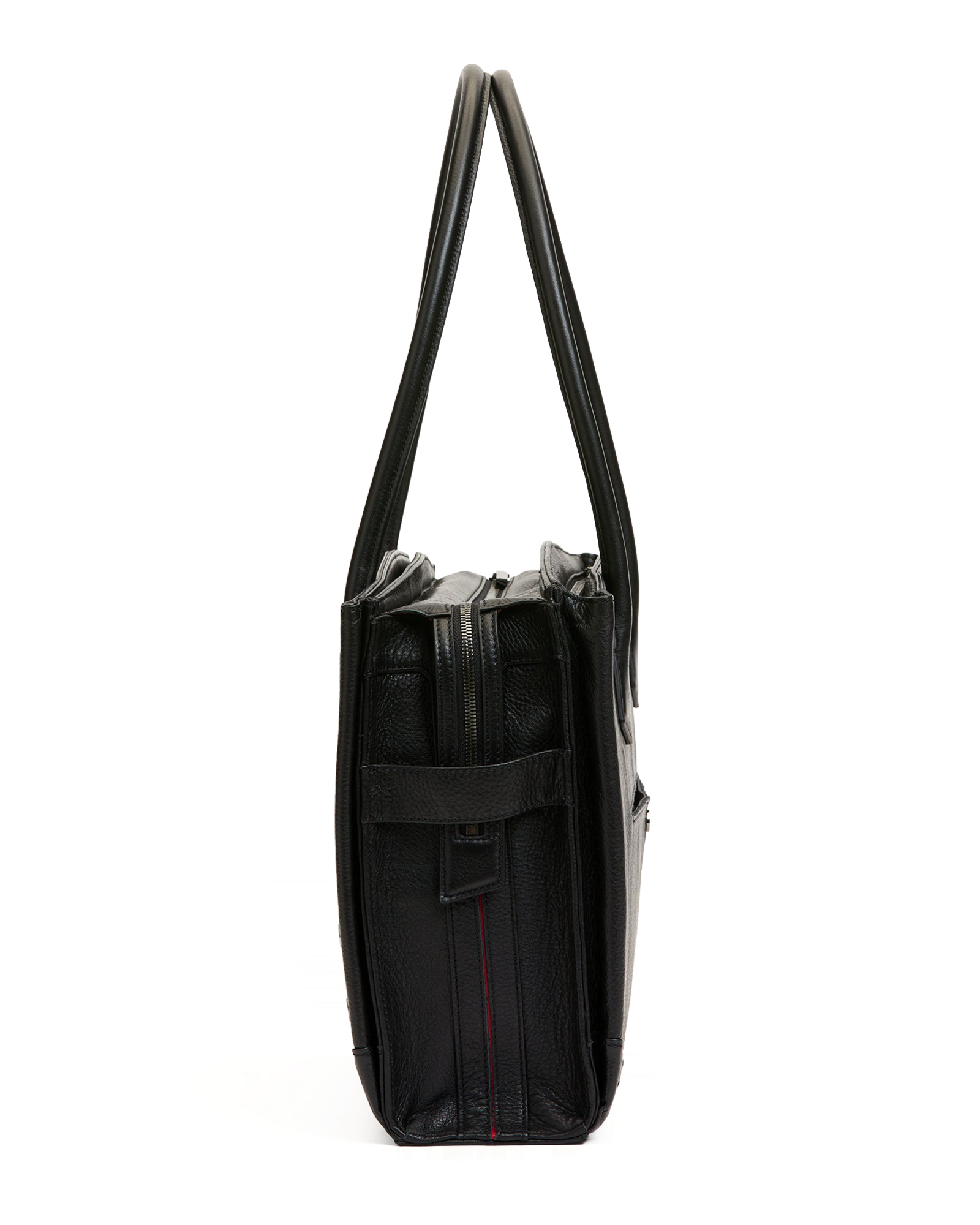 A black leather shoulder bag shown from the side profile against a solid white background.