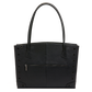 A black pebbled leather tote bag with double top handles, a front zippered pocket, and silver-tone metal studs, shown against a plain white background.