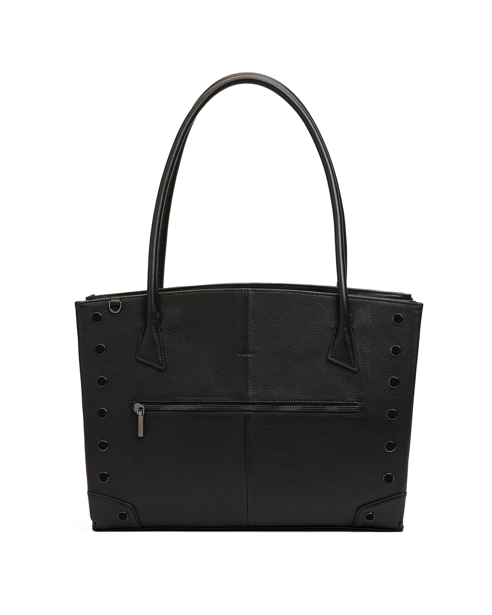 A black pebbled leather tote bag with double top handles, a front zippered pocket, and silver-tone metal studs, shown against a plain white background.