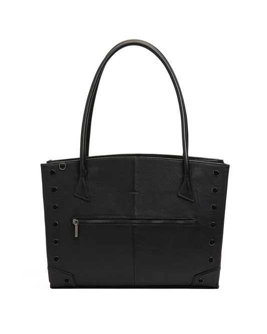 A black pebbled leather tote bag with double top handles, a front zippered pocket, and silver-tone metal studs, shown against a plain white background.