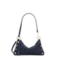 A navy blue leather shoulder bag with gold-tone hardware, featuring a crescent-shaped body, a long strap, and decorative gold studs, shown against a plain white background.