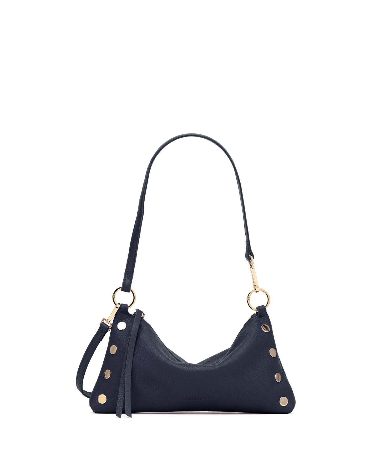 A navy blue leather shoulder bag with gold-tone hardware, featuring a crescent-shaped body, a long strap, and decorative gold studs, shown against a plain white background.