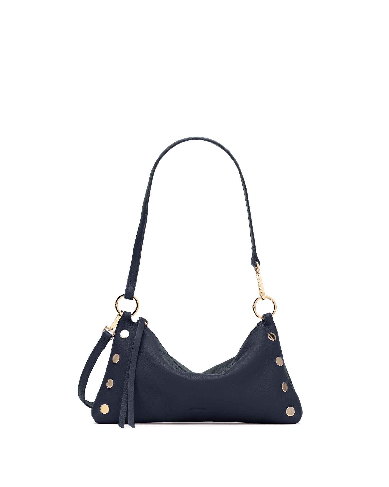 A navy blue leather shoulder bag with gold-tone hardware, featuring a crescent-shaped body, a long strap, and decorative gold studs, shown against a plain white background.