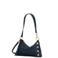 A navy blue pebbled leather shoulder bag with gold-tone hardware, featuring a slouchy triangular silhouette, a single shoulder strap, and decorative gold rivets on the front.