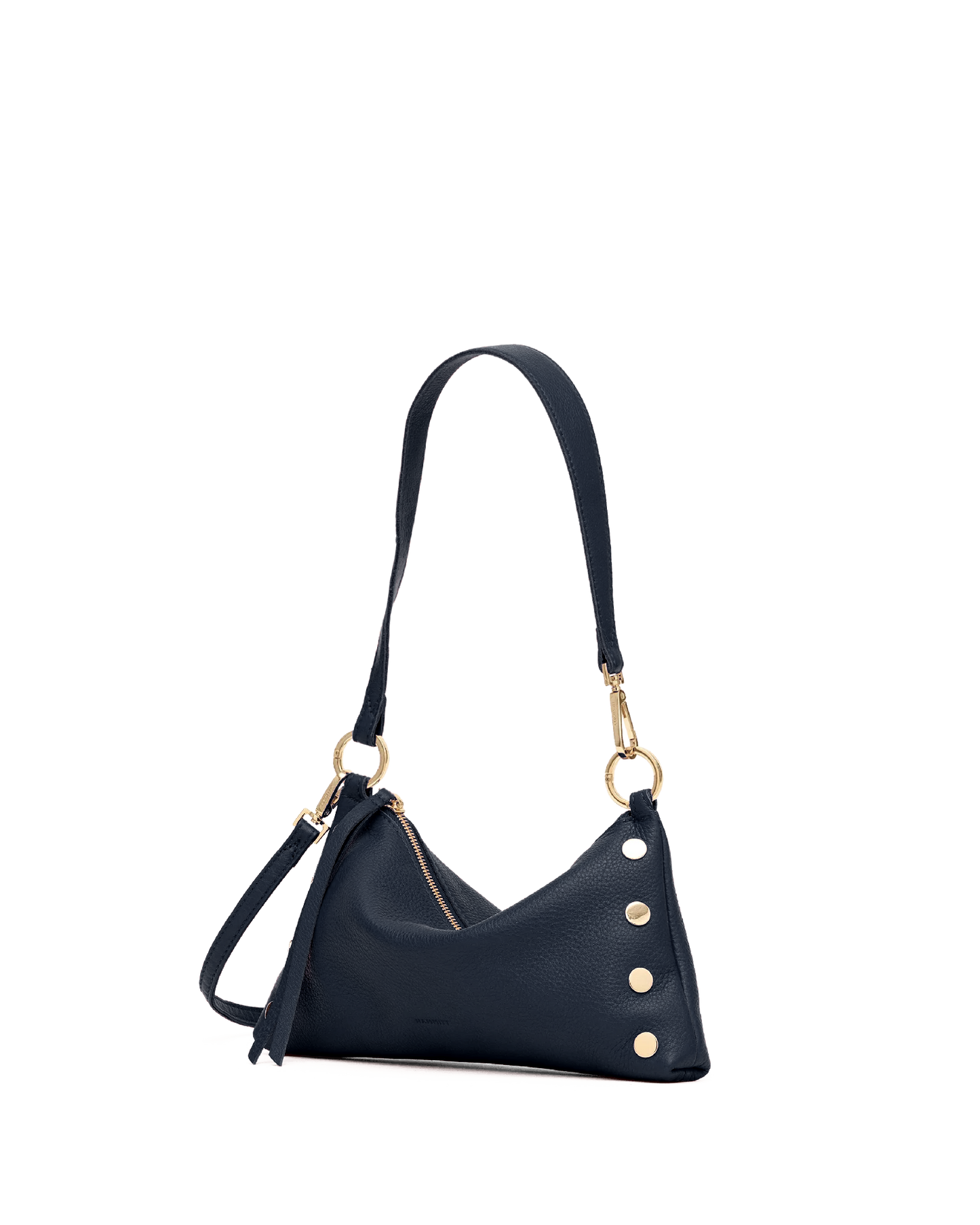 A navy blue pebbled leather shoulder bag with gold-tone hardware, featuring a slouchy triangular silhouette, a single shoulder strap, and decorative gold rivets on the front.