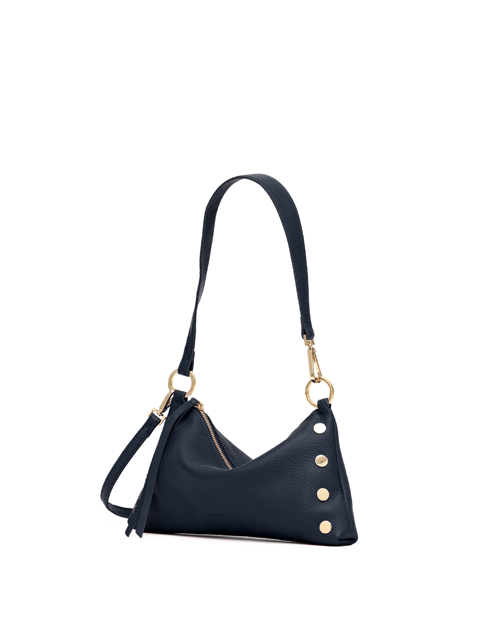 A navy blue pebbled leather shoulder bag with gold-tone hardware, featuring a slouchy triangular silhouette, a single shoulder strap, and decorative gold rivets on the front.