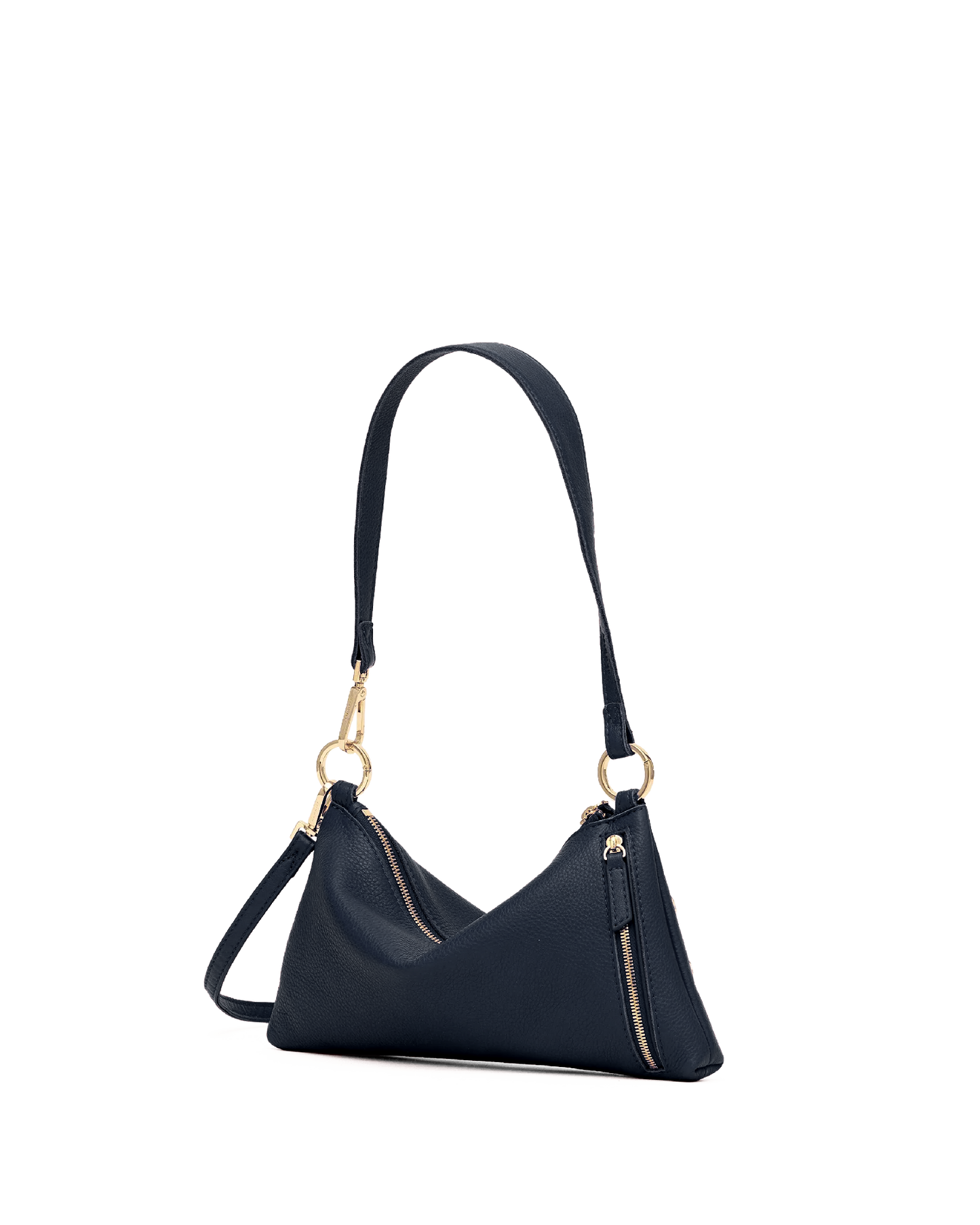 A navy blue crescent-shaped shoulder bag with gold-tone hardware, featuring a single shoulder strap and a zippered front, shown against a plain white background.