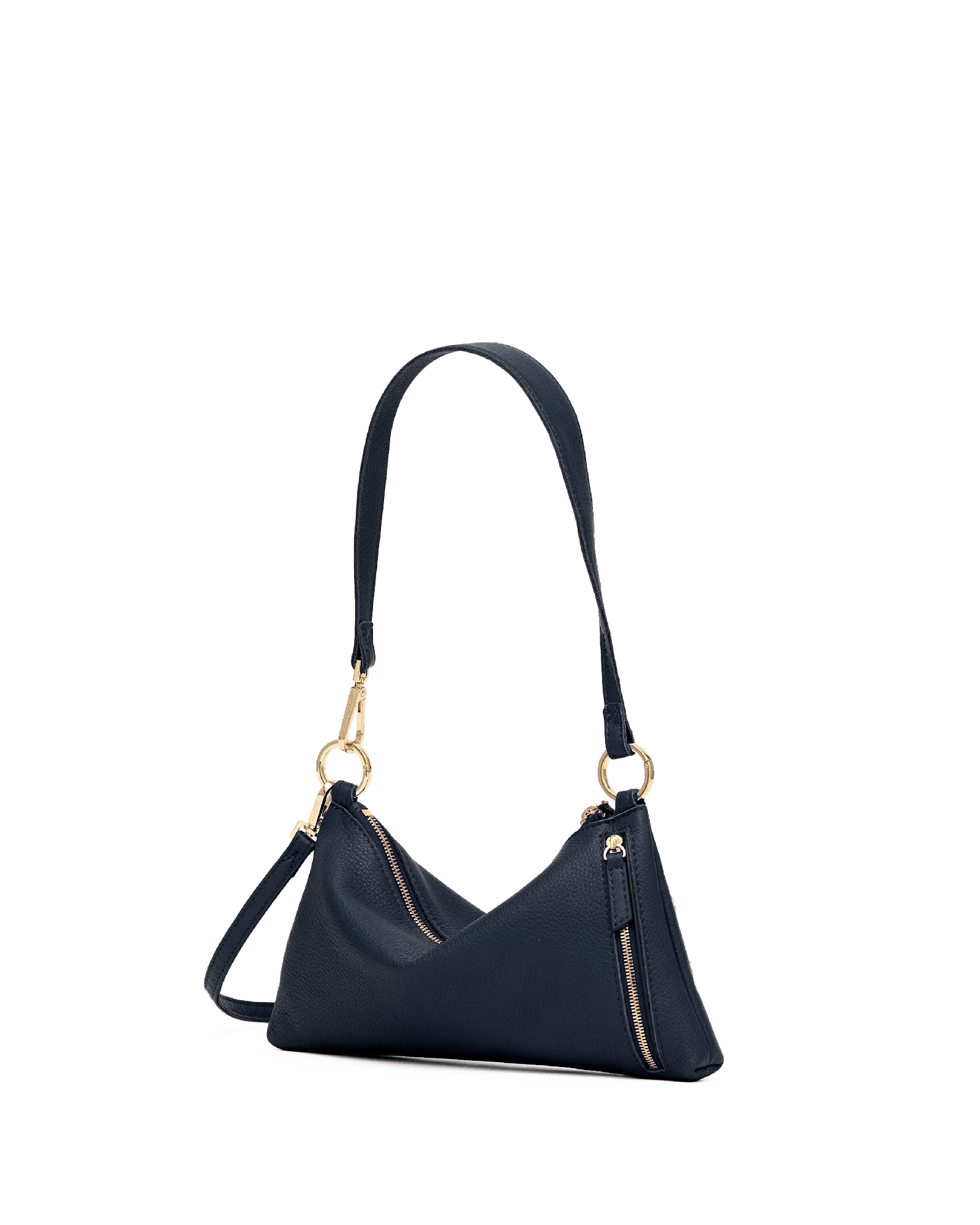 A navy blue crescent-shaped shoulder bag with gold-tone hardware, featuring a single shoulder strap and a zippered front, shown against a plain white background.