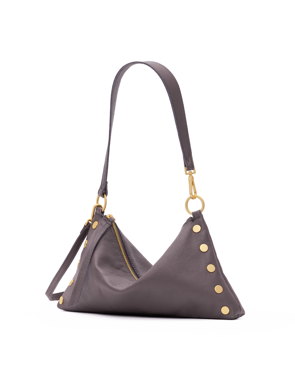 A dark gray pebbled leather shoulder bag with gold-tone hardware, featuring a slouchy triangular silhouette, gold rivet details along the edges, and a zippered top closure, shown against a plain white background.