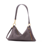 A dark gray leather shoulder bag with gold-tone hardware, featuring a crescent-shaped body, a single shoulder strap, and a zippered front pocket with a red and yellow stripe detail, shown on a plain white background.