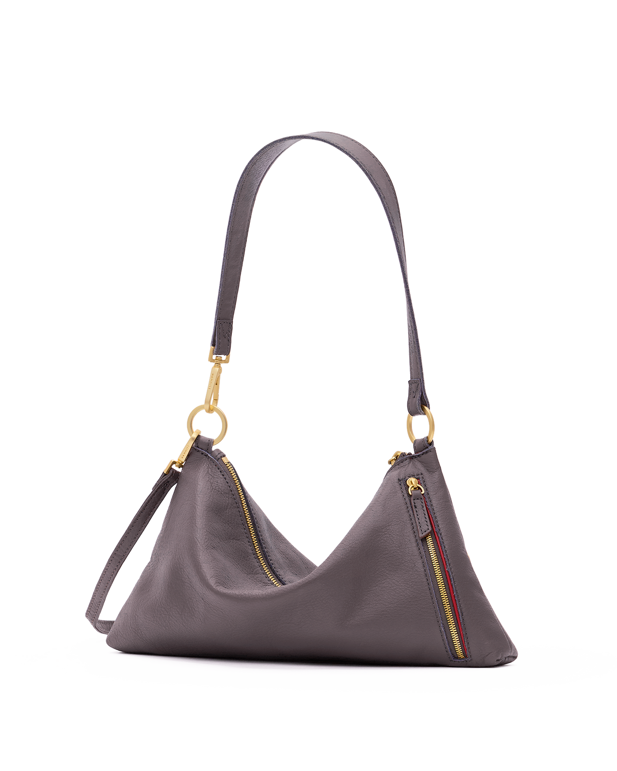 A dark gray leather shoulder bag with gold-tone hardware, featuring a crescent-shaped body, a single shoulder strap, and a zippered front pocket with a red and yellow stripe detail, shown on a plain white background.