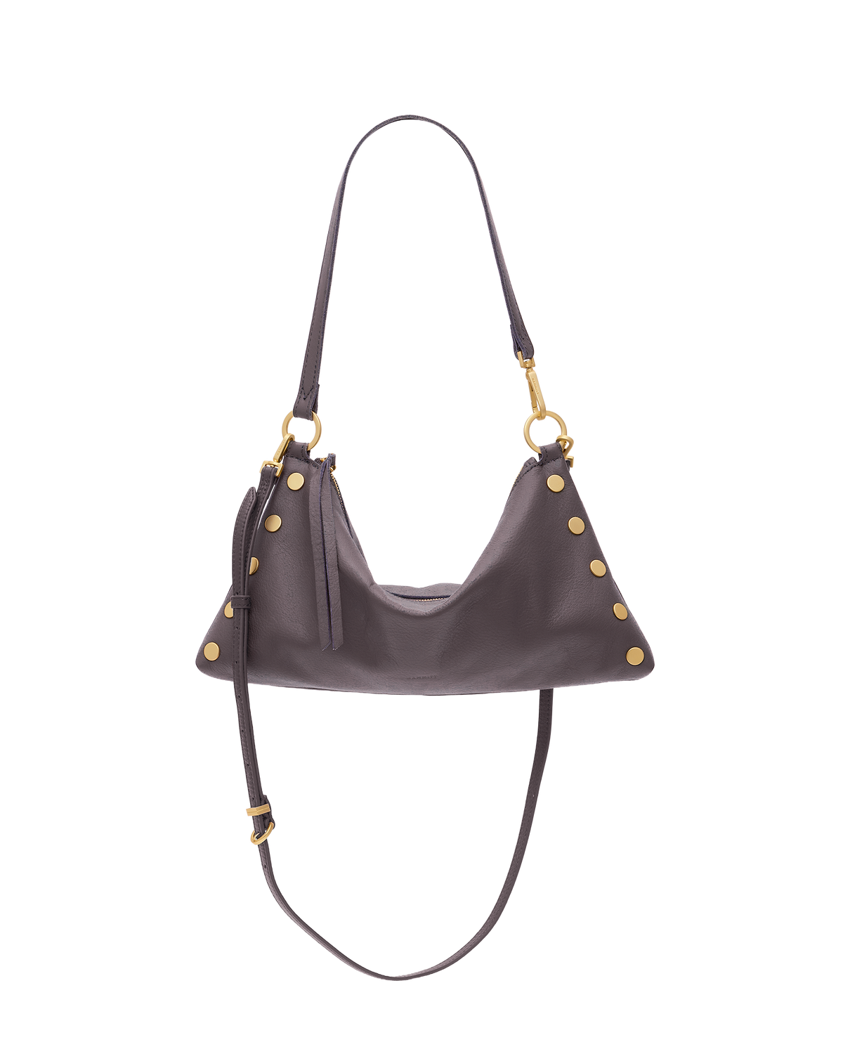 A dark brown leather shoulder bag with gold-tone hardware and gold stud accents, shown against a plain white background.