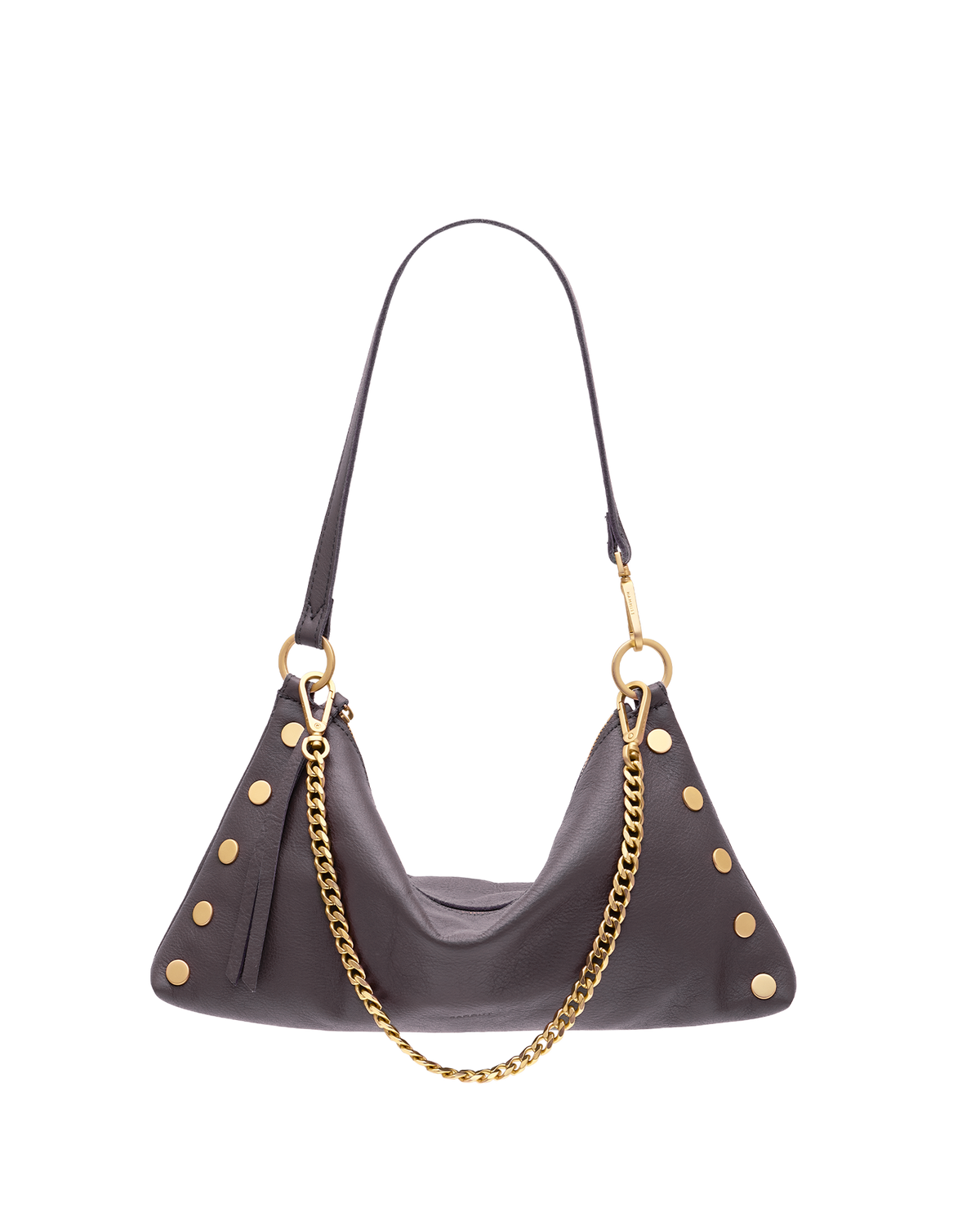 A dark brown leather crescent-shaped shoulder bag with gold-tone studs and a gold chain strap, shown against a plain white background.