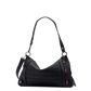A black pebbled leather shoulder bag with a curved slouchy silhouette, featuring a front zippered pocket with a red and white stripe detail, silver-tone hardware, and a matching black leather strap.
