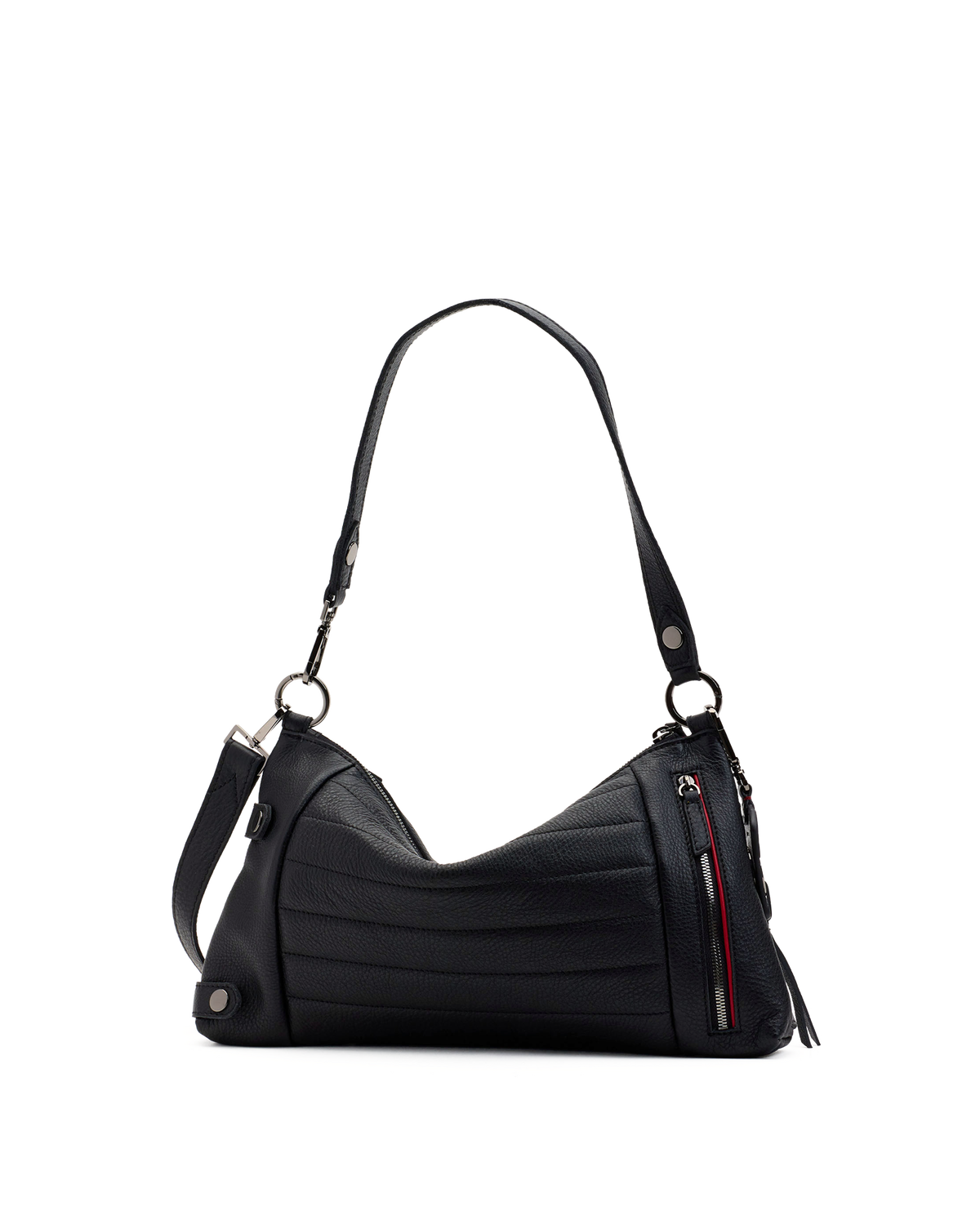 A black pebbled leather shoulder bag with a curved slouchy silhouette, featuring a front zippered pocket with a red and white stripe detail, silver-tone hardware, and a matching black leather strap.
