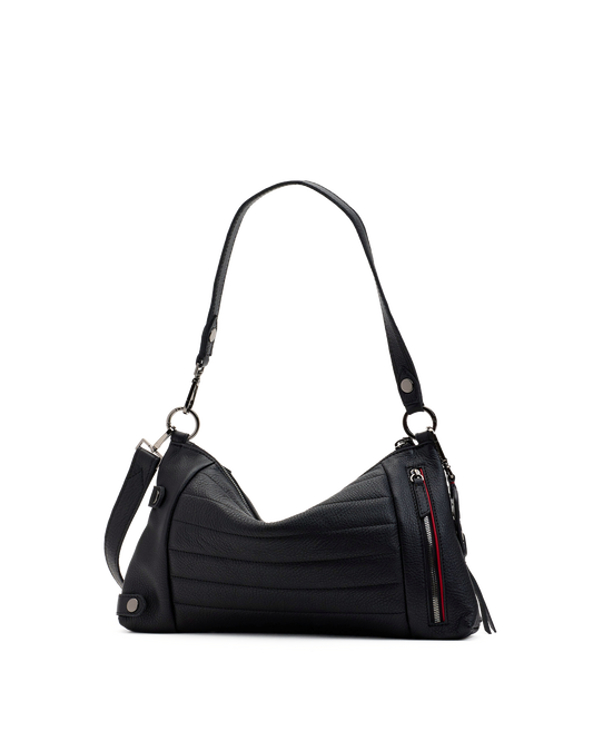 A black pebbled leather shoulder bag with a curved slouchy silhouette, featuring a front zippered pocket with a red and white stripe detail, silver-tone hardware, and a matching black leather strap.