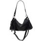 A black pebbled faux-leather hobo shoulder bag with silver-tone hardware, a long shoulder strap, and a detachable crossbody strap, shown against a plain white background.