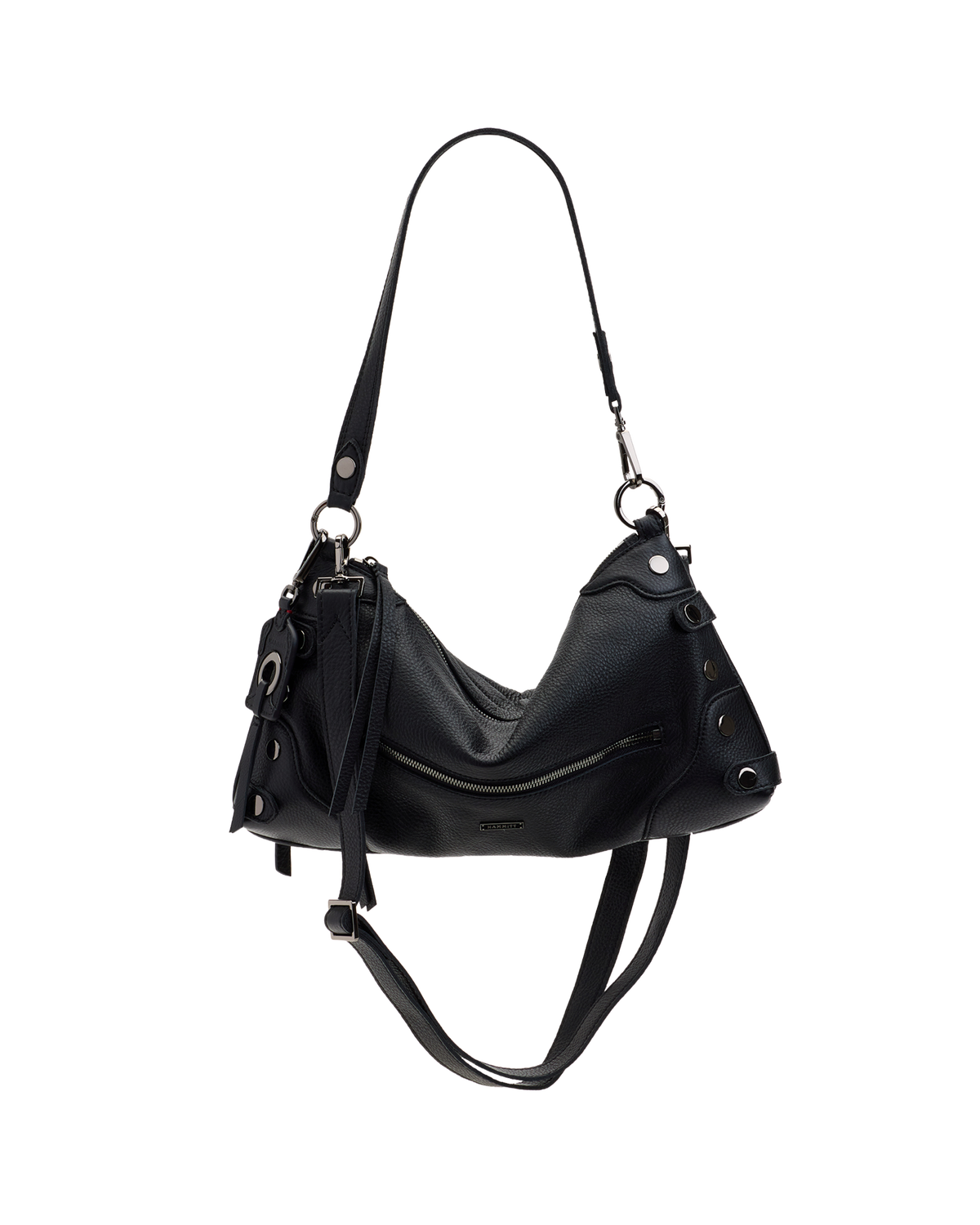 A black pebbled faux-leather hobo shoulder bag with silver-tone hardware, a long shoulder strap, and a detachable crossbody strap, shown against a plain white background.