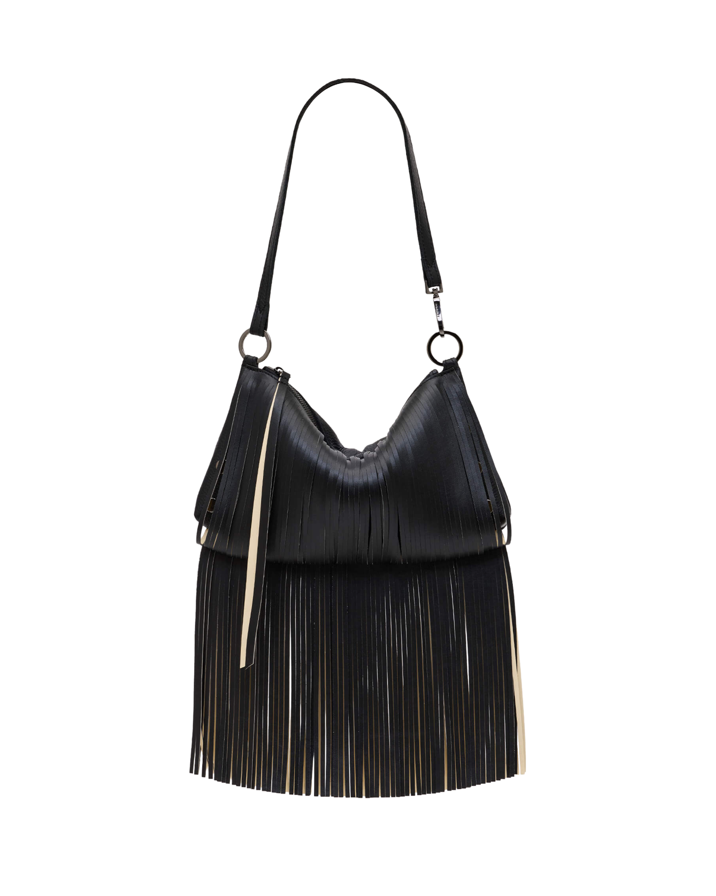 A black leather shoulder bag with a long fringe design and a single strap, shown against a plain white background.