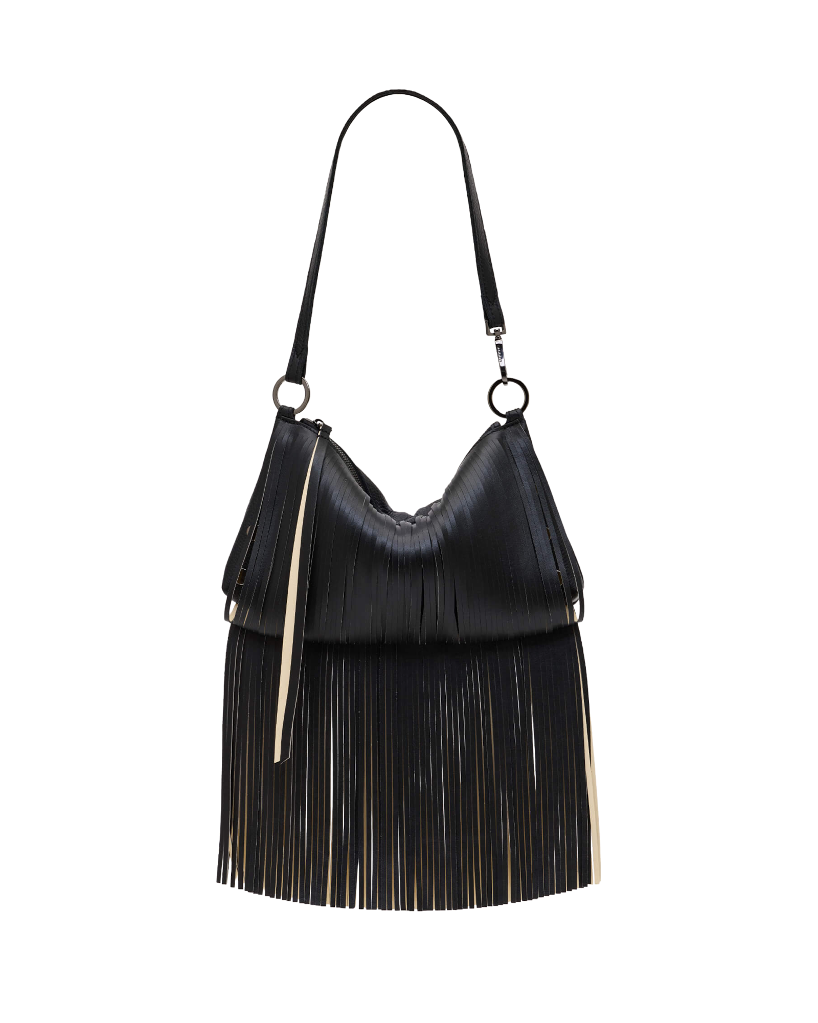 A black leather shoulder bag with a long fringe design and a single strap, shown against a plain white background.