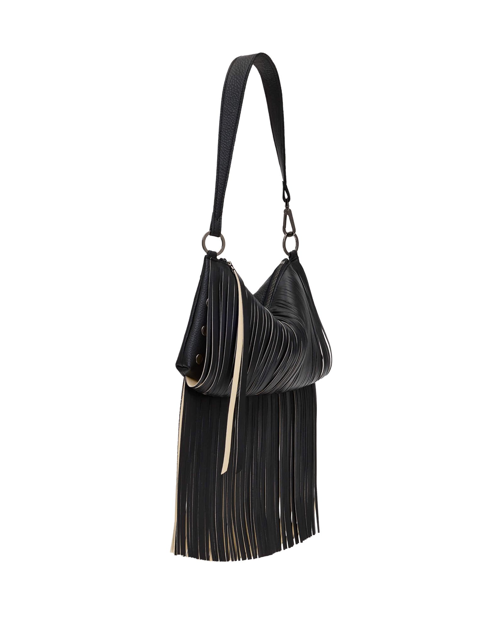 A black leather shoulder bag with a long fringe tassel detail and a single strap, shown against a plain white background.