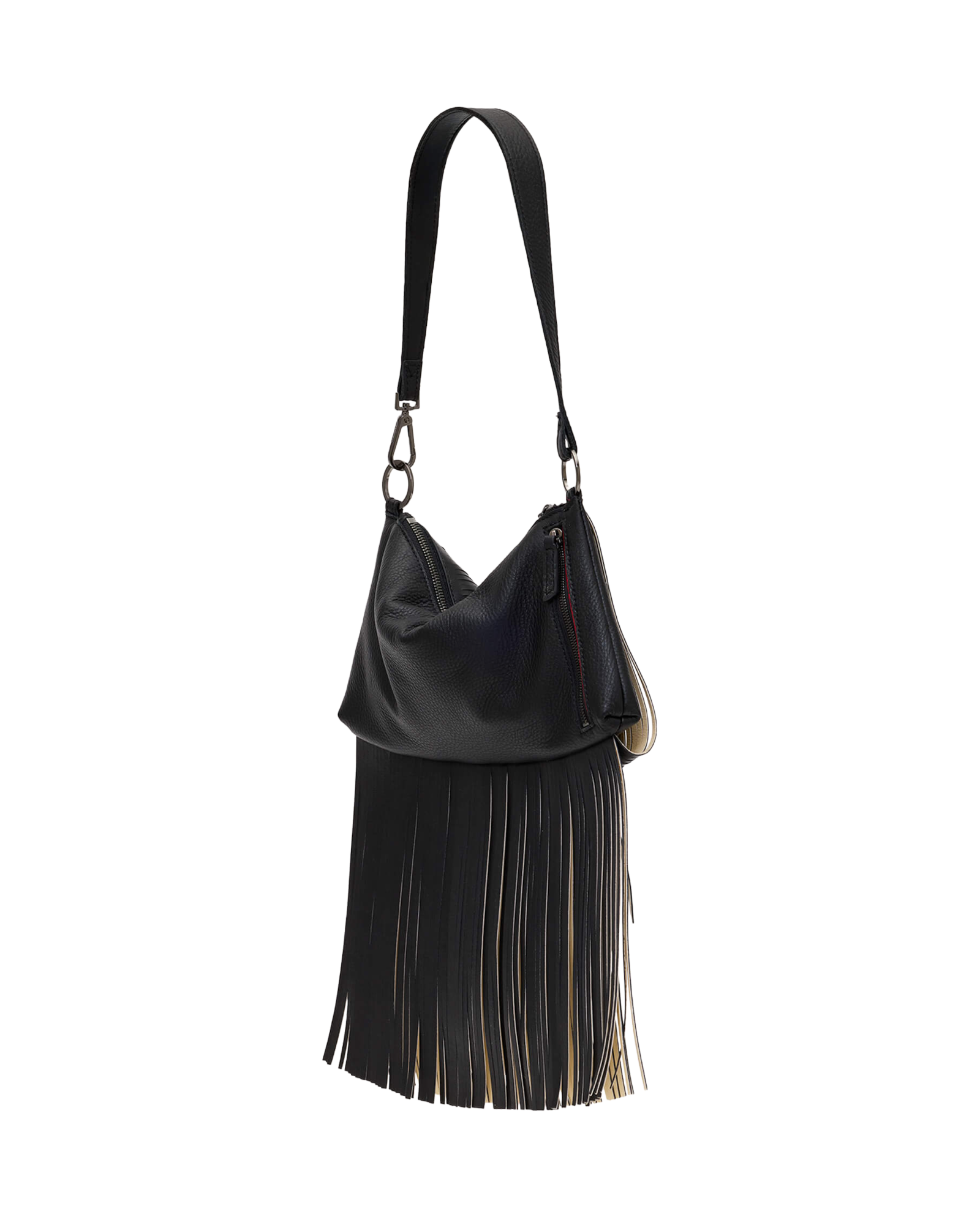 A black leather shoulder bag with a long fringe bottom and a single shoulder strap, shown against a plain white background.