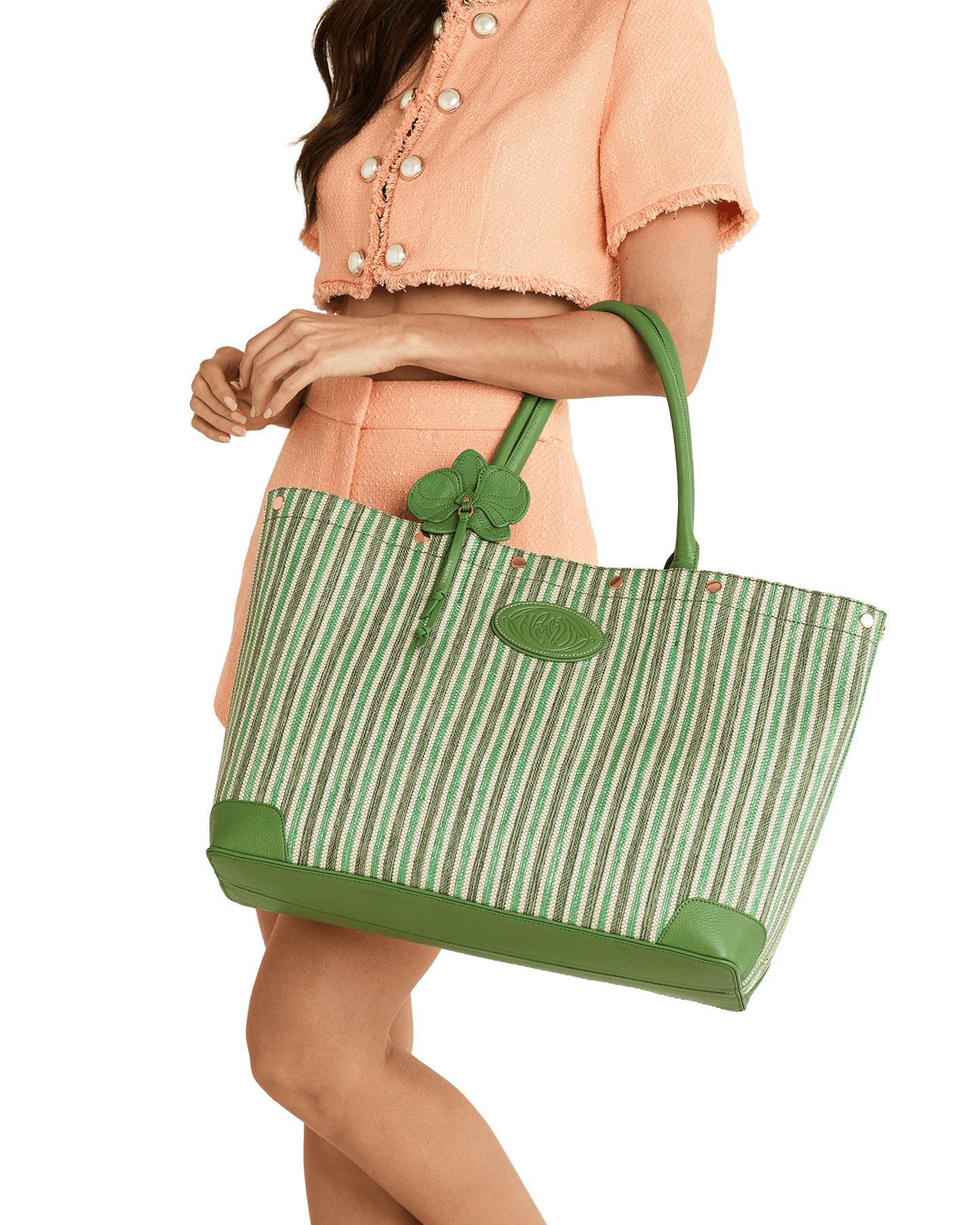 Olympia-Tote-Pickle-Stripe-G-Model-View-1