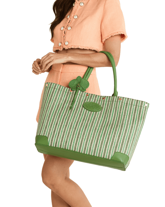 Olympia-Tote-Pickle-Stripe-G-Model-View-1