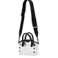 A structured white handbag with black handles, black snap details, and a long black shoulder strap.