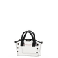 A small structured handbag with a glossy white body, black handles, and black decorative studs, shown against a plain white background.