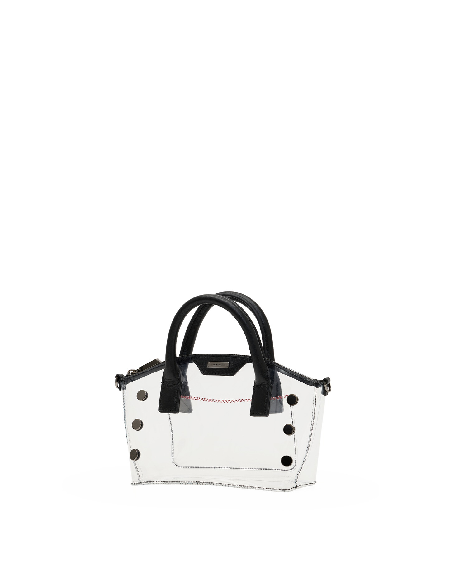 A small structured handbag with a glossy white body, black handles, and black decorative studs, shown against a plain white background.