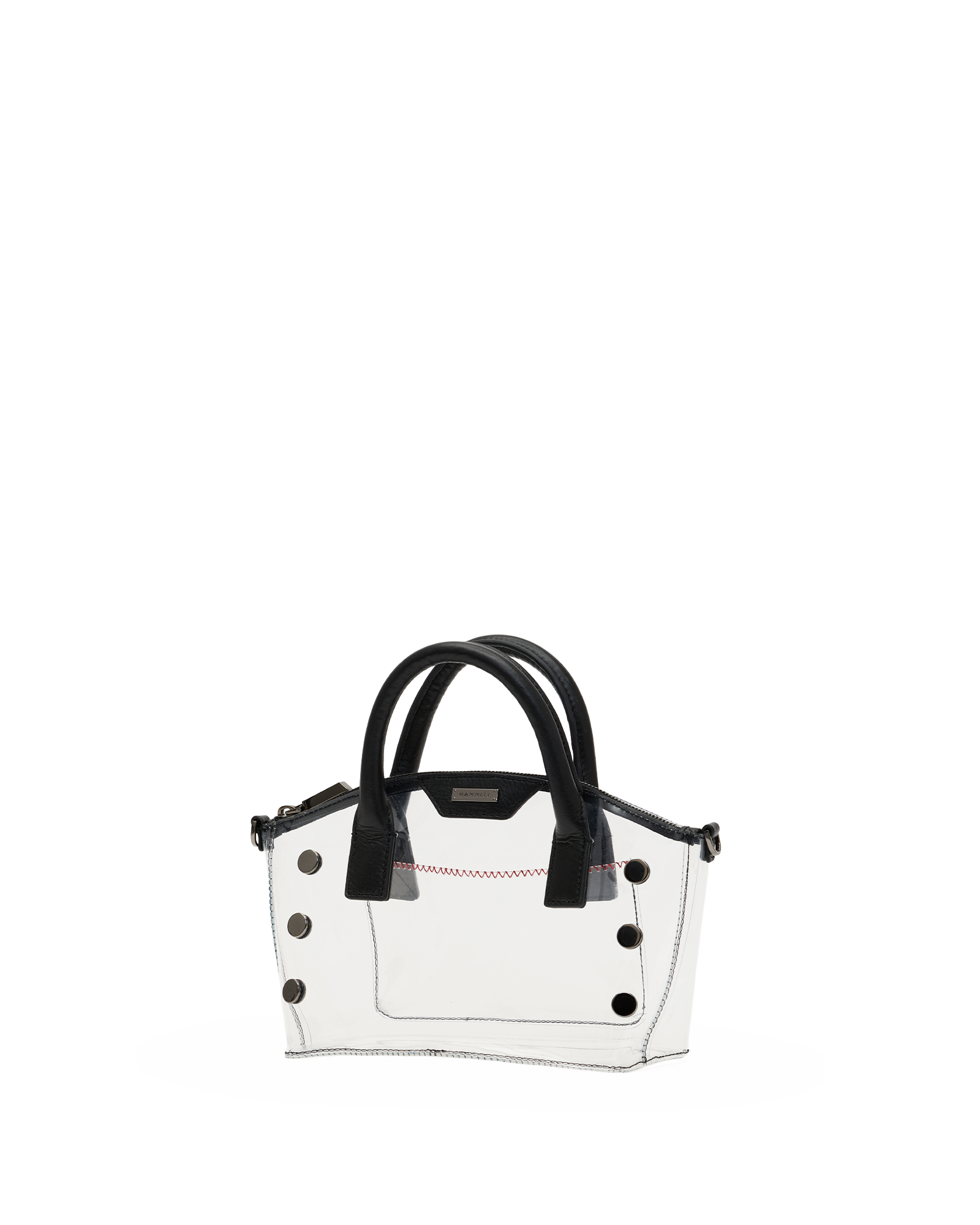 A small structured handbag with a glossy white body, black handles, and black decorative studs, shown against a plain white background.