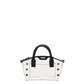 A small structured handbag with a glossy white body, black top handles, and silver-tone studs and hardware, shown on a plain white background.