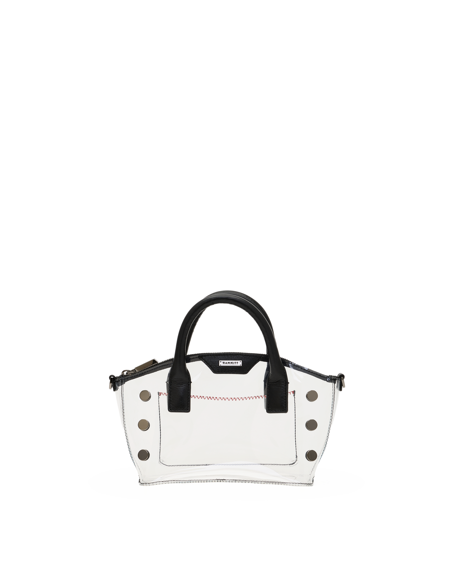 A small structured handbag with a glossy white body, black top handles, and silver-tone studs and hardware, shown on a plain white background.