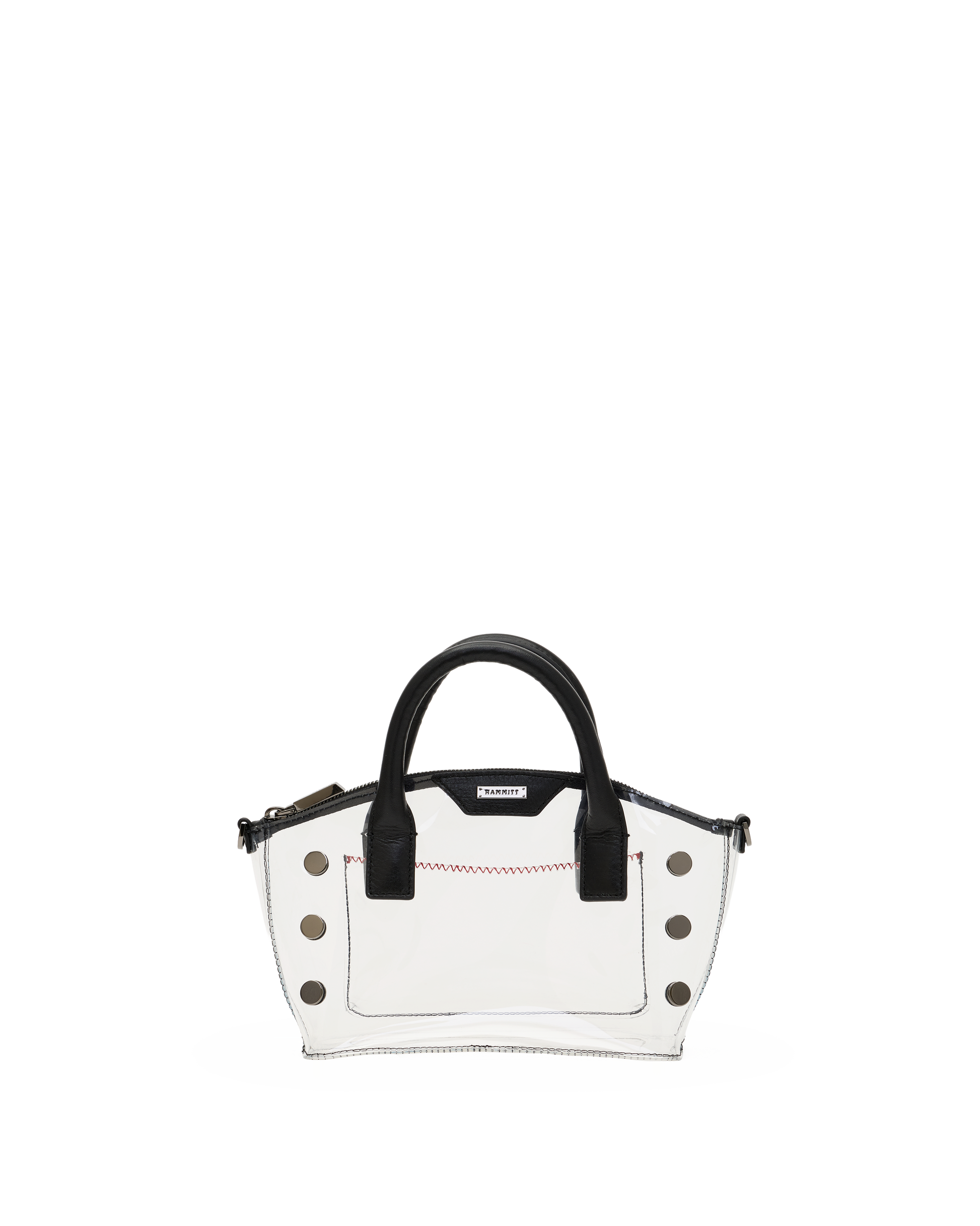 A small structured handbag with a glossy white body, black top handles, and silver-tone studs and hardware, shown on a plain white background.