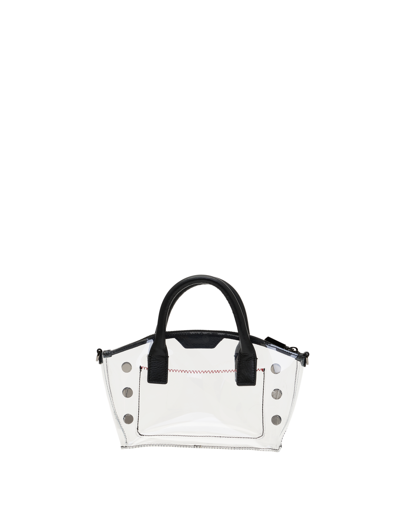 A clear vinyl handbag with black leather handles and trim, decorated with silver-tone studs and a red stitched accent line, shown against a plain white background.