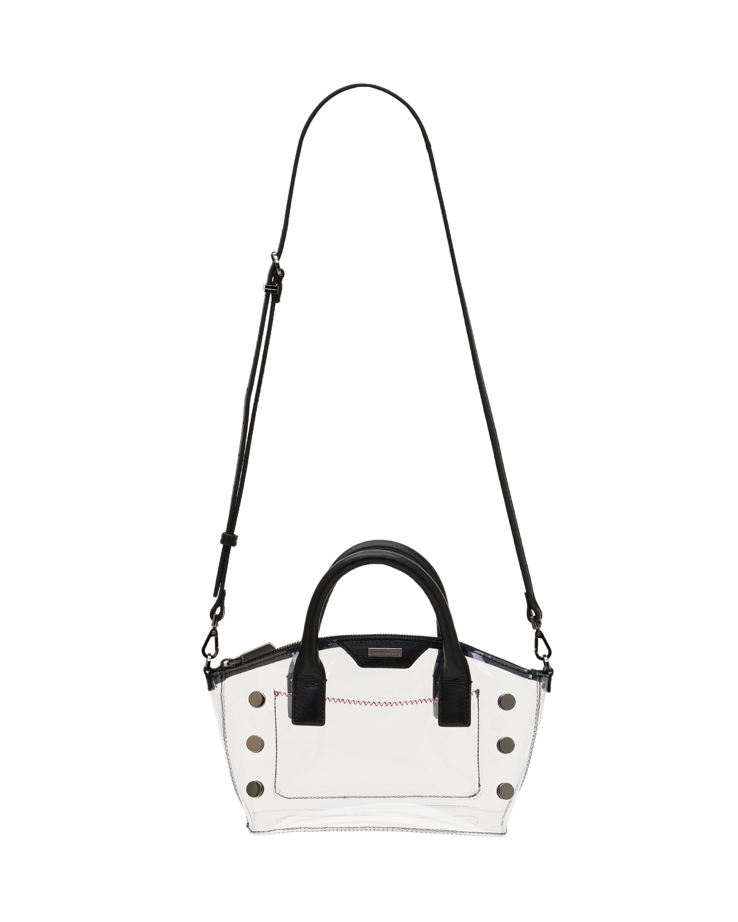 A clear vinyl handbag with black leather handles, a black shoulder strap, and silver-tone studs, shown against a plain white background.