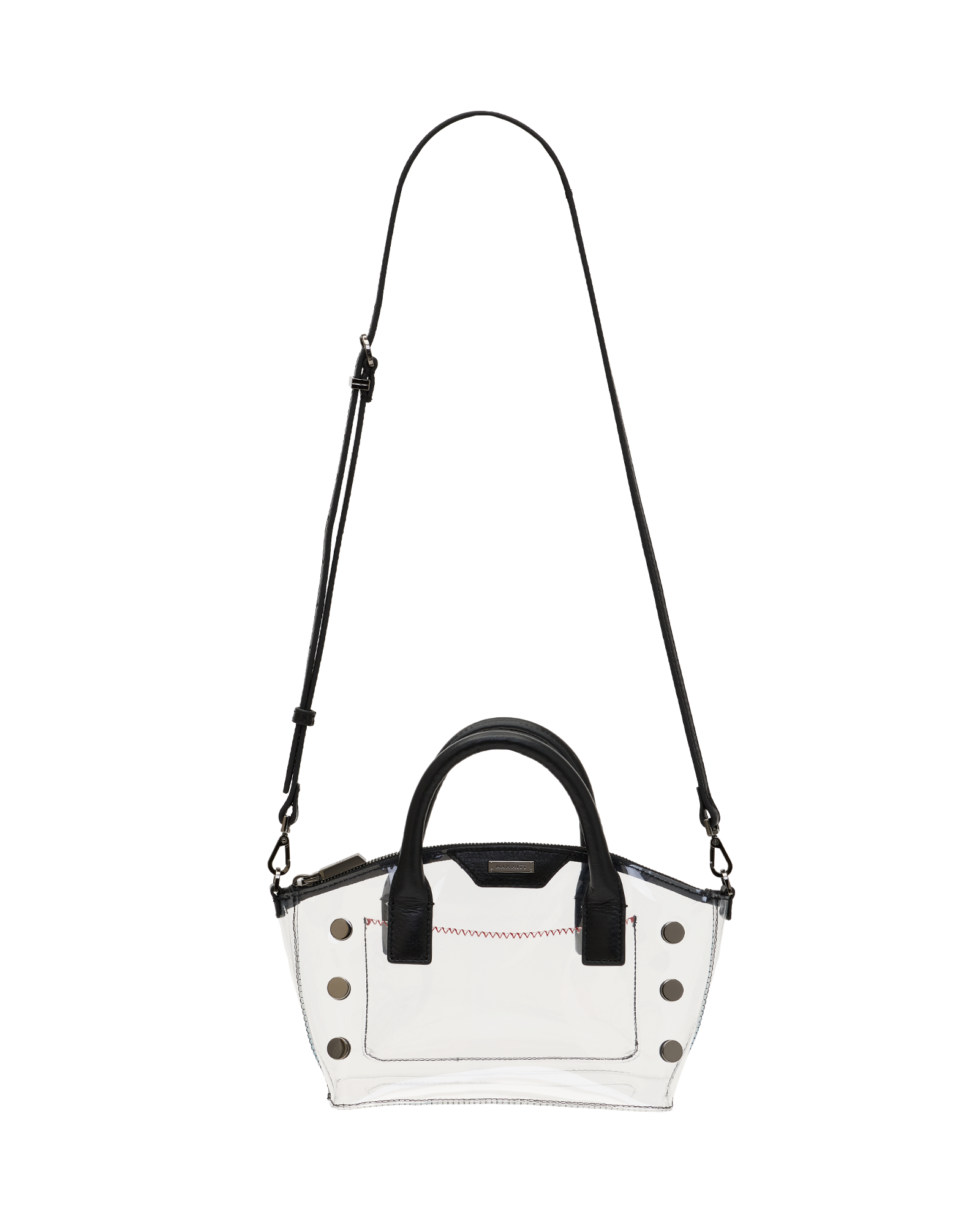 A clear vinyl handbag with black leather handles, a black shoulder strap, and silver-tone studs, shown against a plain white background.