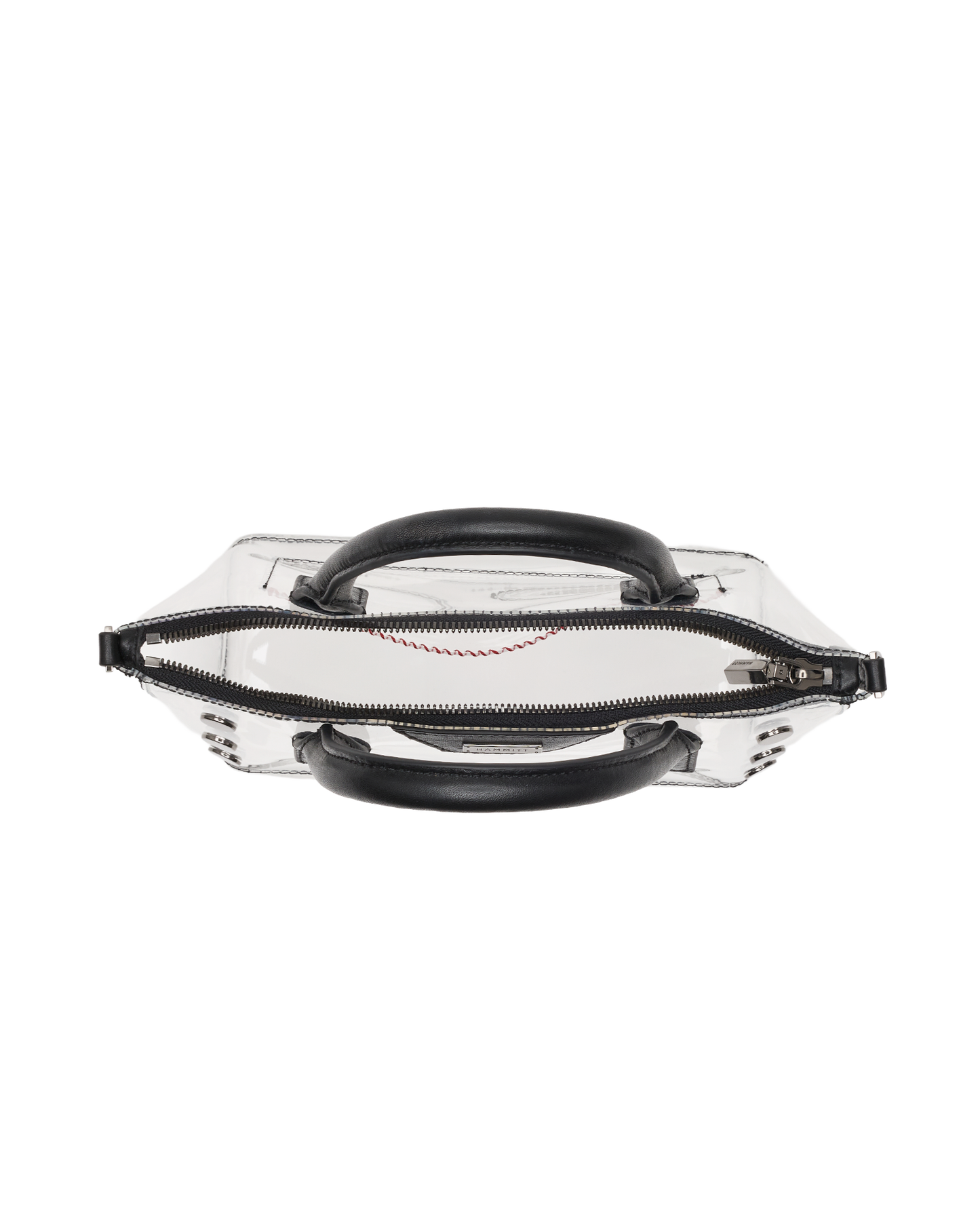 A clear vinyl handbag with black leather handles and a black zipper, shown from a top-down view on a white background.