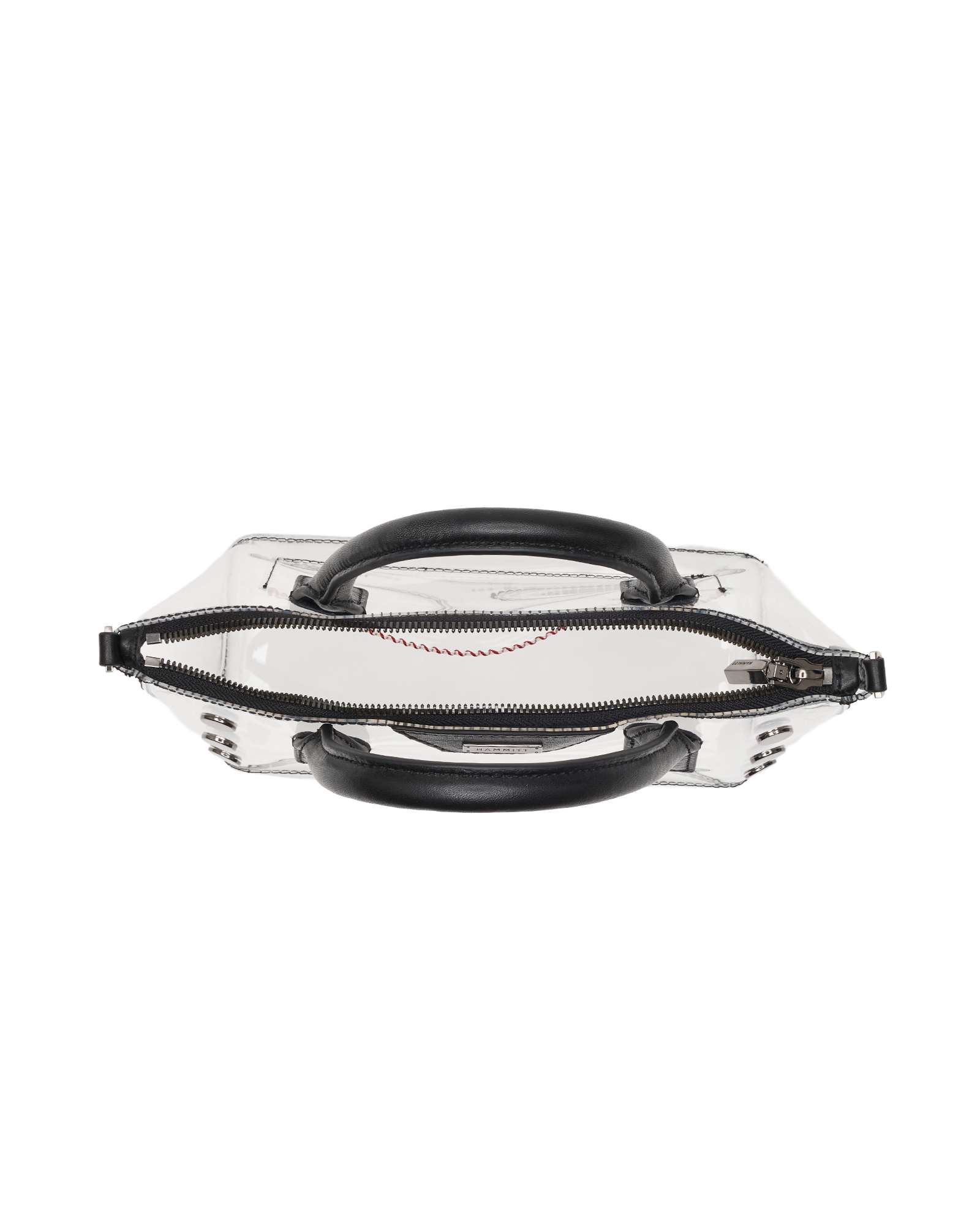 A clear vinyl handbag with black leather handles and a black zipper, shown from a top-down view on a white background.