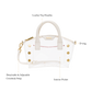 A clear acrylic handbag with white leather top handles and trim, gold-tone hardware, and multiple labeled callouts pointing to features such as leather top handles, D-ring, detachable crossbody strap, interior pocket, and side studs.