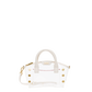 A clear acrylic handbag with white faux-leather trim, gold-tone hardware, and a white top handle.