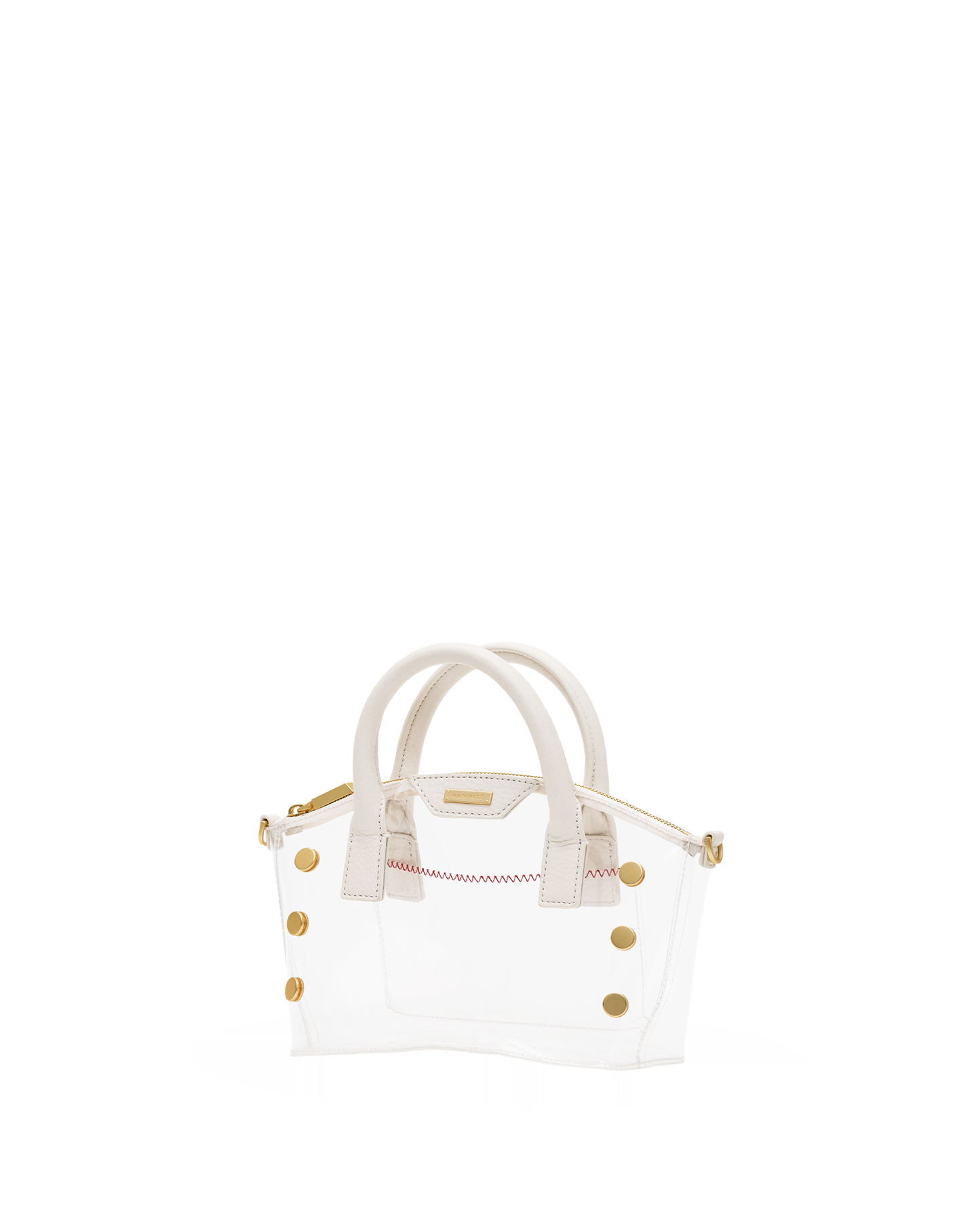 A small structured handbag with a transparent white body, cream-colored top handles, and gold-tone hardware, including decorative studs and a zipper pull.