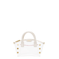A structured white leather handbag with gold-tone hardware, featuring dual top handles, decorative gold studs, and a thin red stitched detail across the front, set against a plain white background.