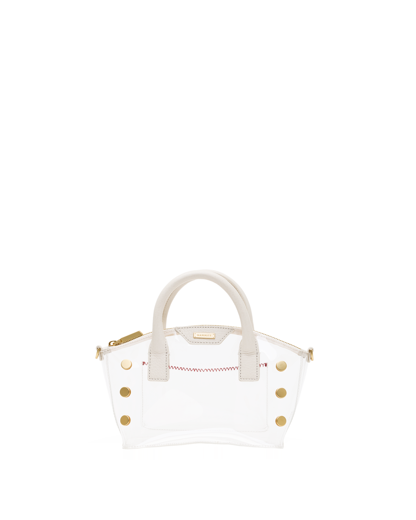 A structured white leather handbag with gold-tone hardware, featuring dual top handles, decorative gold studs, and a thin red stitched detail across the front, set against a plain white background.