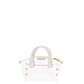A clear vinyl handbag with cream-colored handles and trim, accented by gold-tone studs and a red stitched detail on the front.