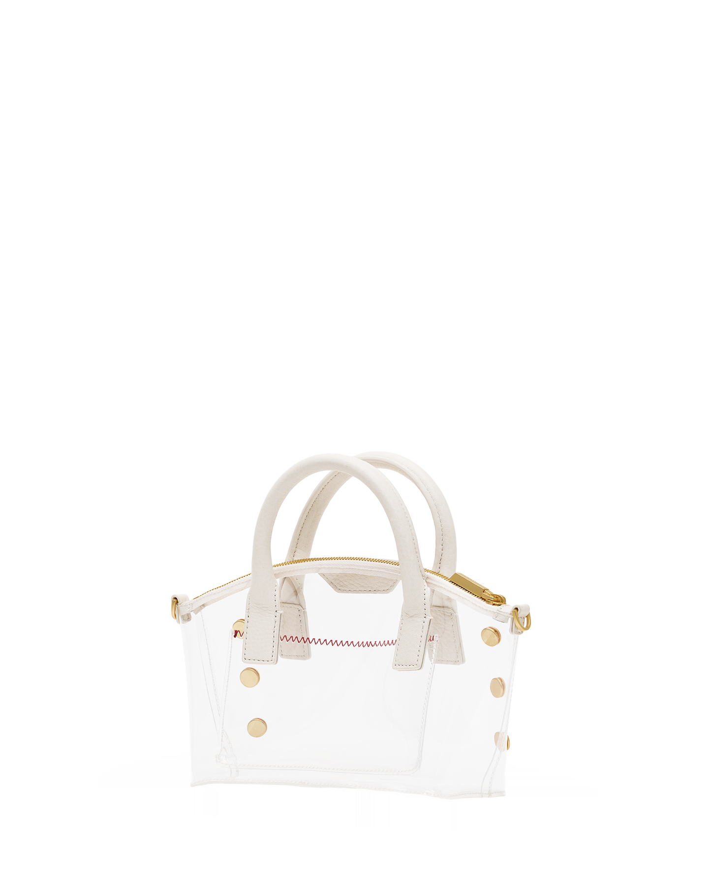 A small white handbag with a semi-transparent clear front panel, cream-colored handles, and gold-tone hardware, shown against a plain white background.