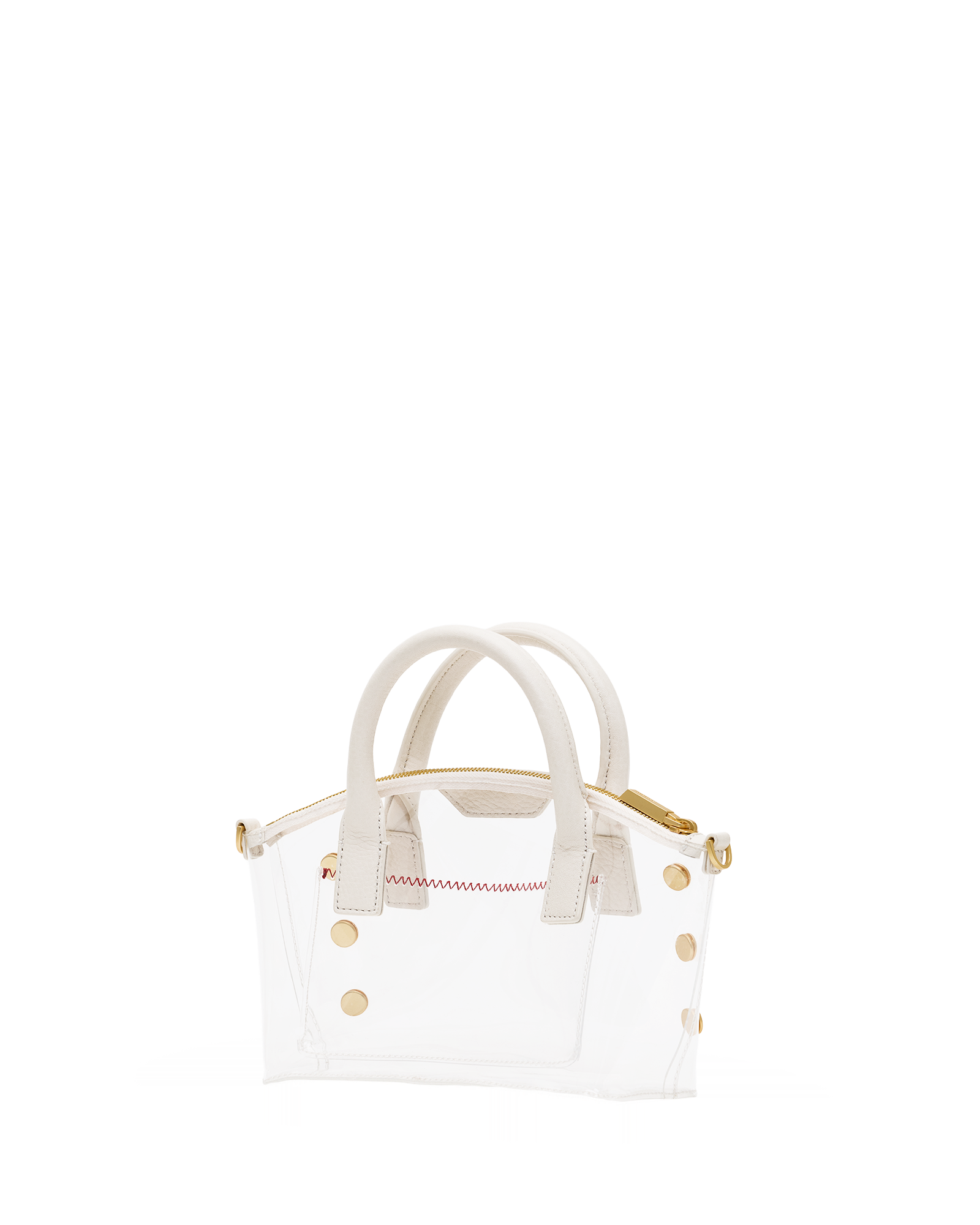 A small white handbag with a semi-transparent clear front panel, cream-colored handles, and gold-tone hardware, shown against a plain white background.