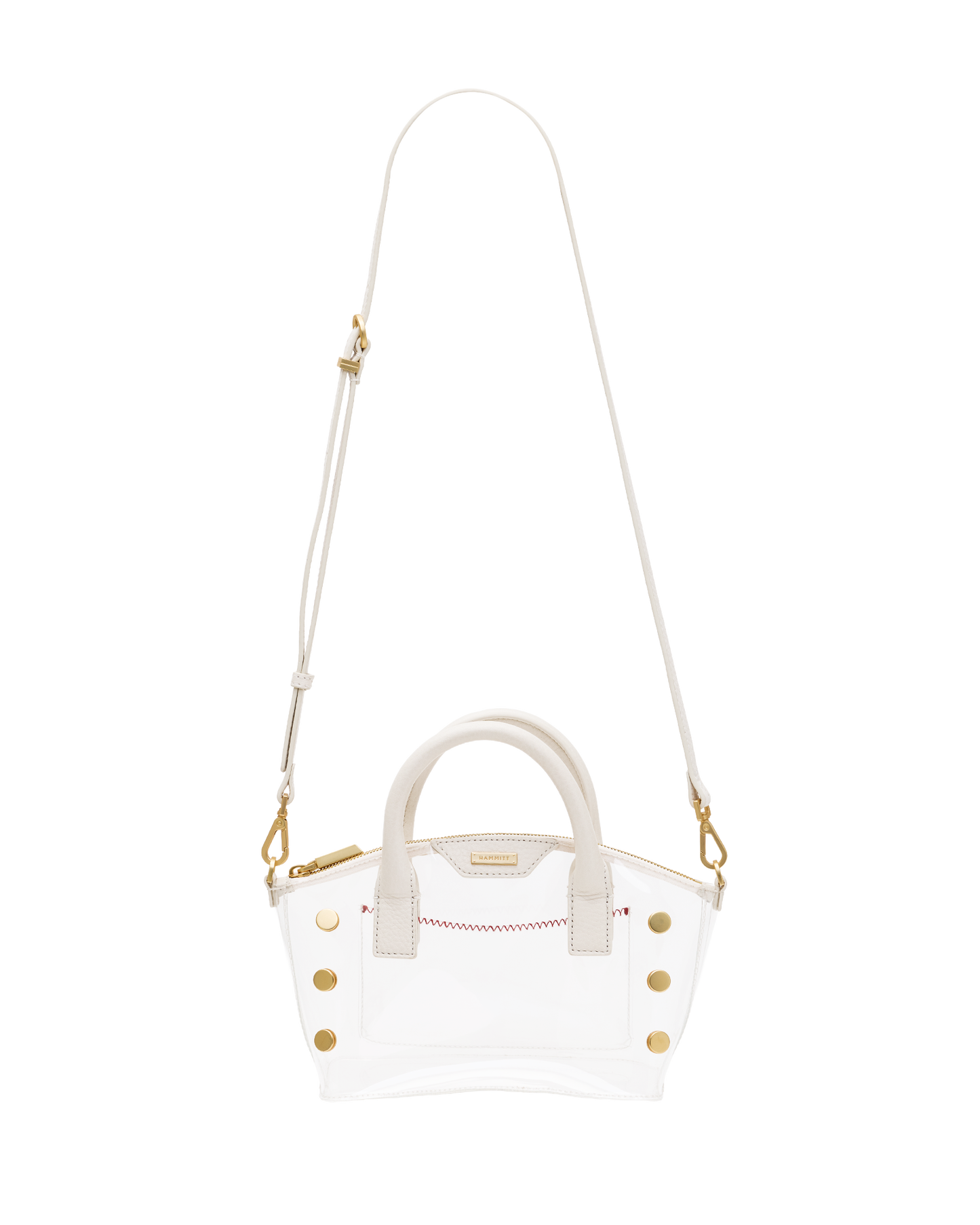 A clear vinyl handbag with white leather trim, gold-tone hardware, a top handle, and a long adjustable shoulder strap.